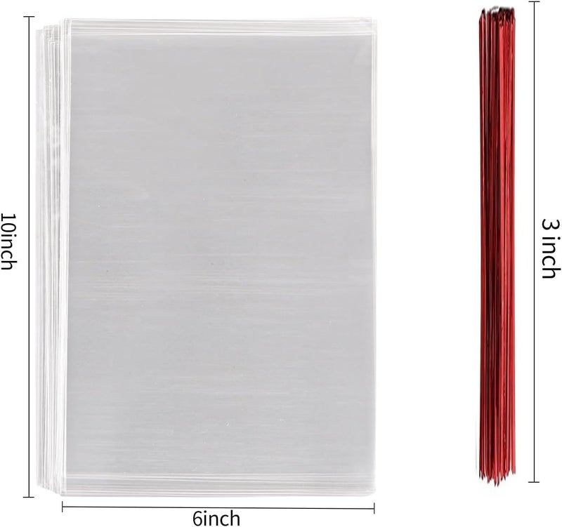 MoloTAR 200 Pcs 10 in x 6 in(1.4mil.) Clear Flat Cello Cellophane Treat Bags Good for Bakery, Cookies, Candies,Dessert with five random color Twist Ties! - Image 3